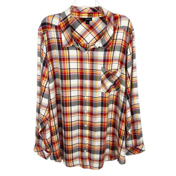 Torrid Lizzie Rayon Red Yellow Plaid Long Sleeve Button Shirt Plus 4X - Picture 1 of 9